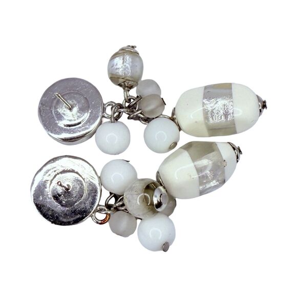 White Art Glass Beaded Cluster Dangle Drop Earrings 2" Silver Tone Trendy - Picture 9 of 10